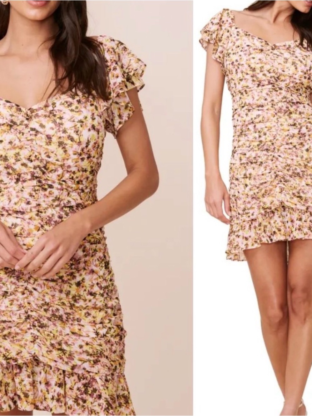 Astr Pink Floral Ruched Mini Dress with Flutter Sleeves